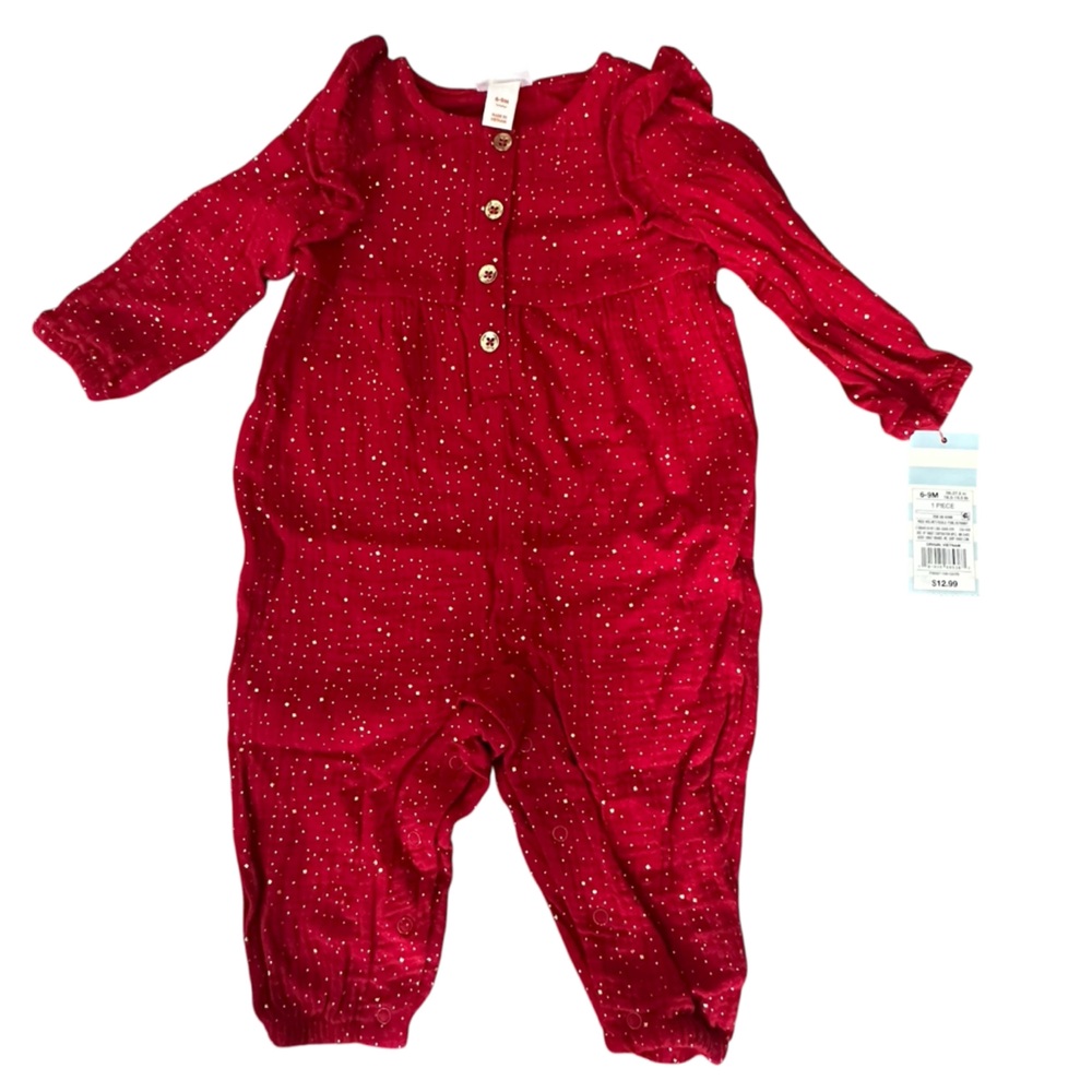 NWT Cat & Jack Red Velvet & Gold Foil Baby Romper Size 6-9M New With Tags $12.99